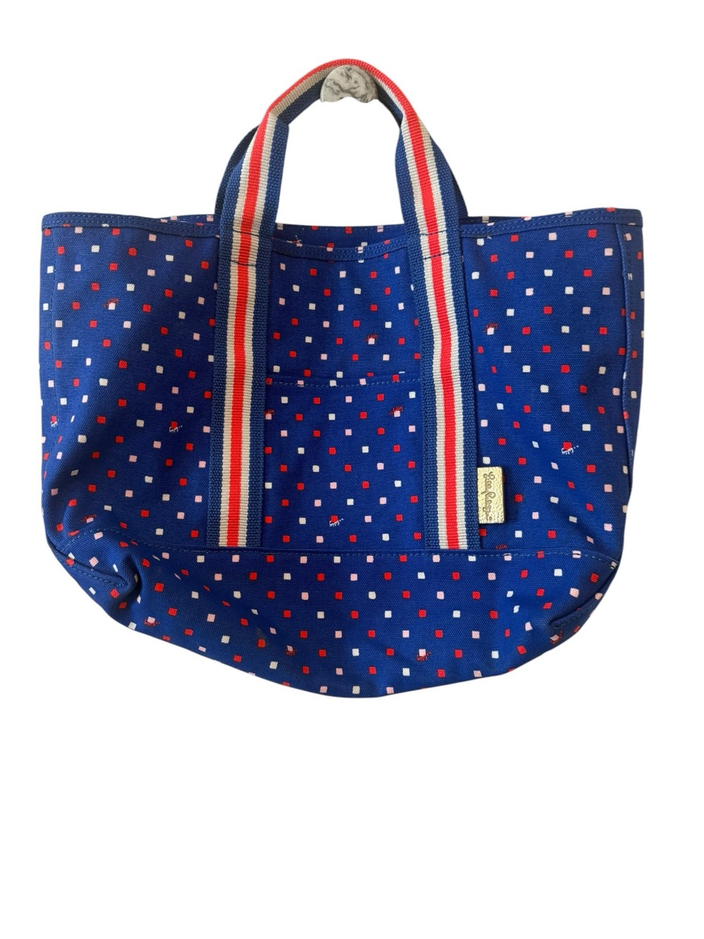 Lilly Pulitzer Blue Dotted Canvas Tote Bag with Striped Handles
